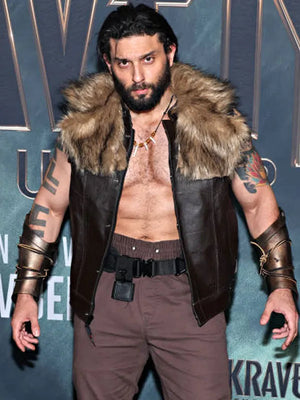 Kraven-The-Hunter-Movie-Premiere-Jay-Velasquez-Brown-Leather-Fur-Vest