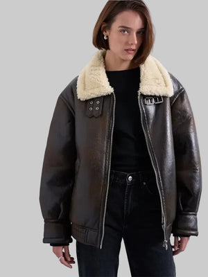 Oversized-Tab-Detail-Shearling-Leather-Bomber-Jacket-In-Brown