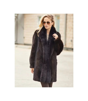 Olivia Textured Mink Stroller Coat with Fox Tuxedo Collar Zing Apparel