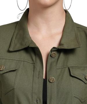 Women Solid Green Denim Jacket, Women Zing Apparel