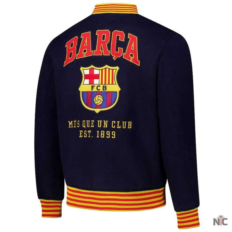 Barcelona Supporter's Full-Snap Varsity Jacket - Navy The Urban Hawk