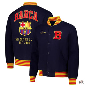 Barcelona Supporter's Full-Snap Varsity Jacket - Navy The Urban Hawk