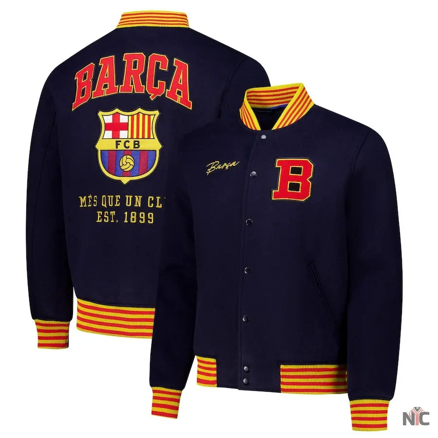 Barcelona Supporter's Full-Snap Varsity Jacket - Navy The Urban Hawk