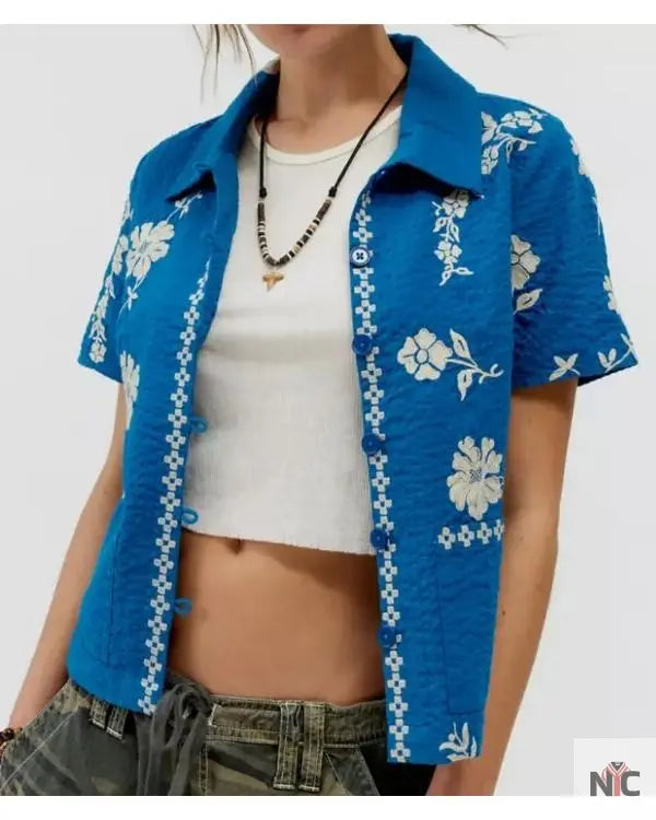 Days of our Lives Felicity Greene Blue Floral Embroidered Shirt The Urban Hawk
