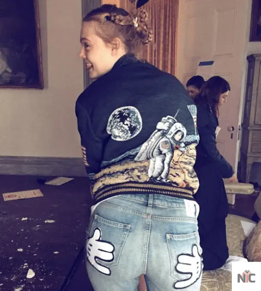 Elle Fanning Saint Laurent Moon Landing Black Varsity Jacket The Urban Hawk