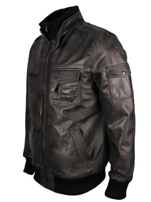 James Black Real Leather Bomber Jacket For Men