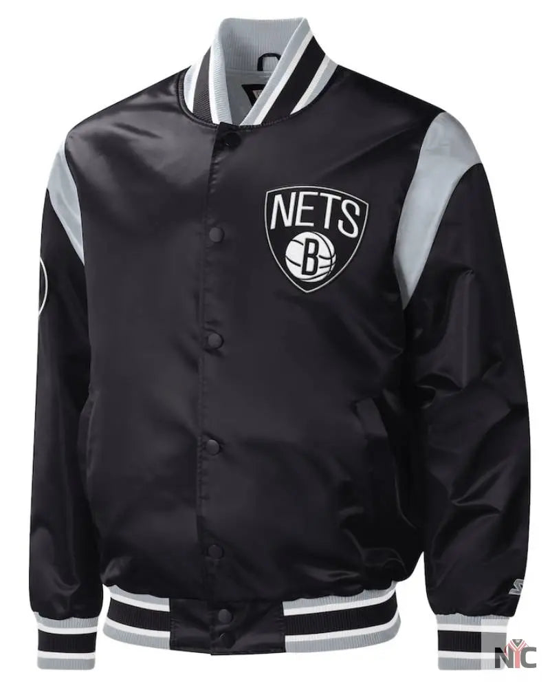 Men’s Brooklyn Nets Starter Black Force Play Satin Full-Snap Varsity Jacket The Urban Hawk