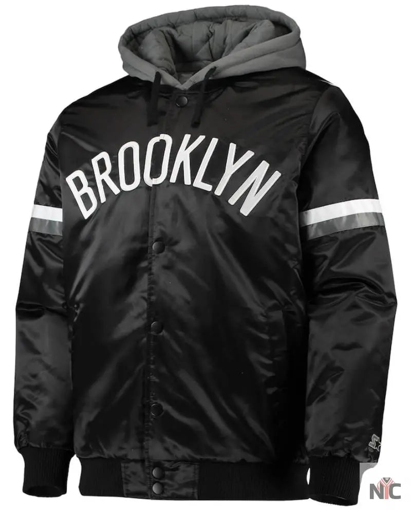 Men’s Brooklyn Nets Starter Black/Gray NBA 75th Anniversary Full-Snap Varsity Hoodie Jacket The Urban Hawk