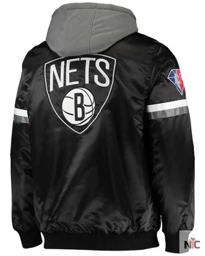 Men’s Brooklyn Nets Starter Black/Gray NBA 75th Anniversary Full-Snap Varsity Hoodie Jacket The Urban Hawk