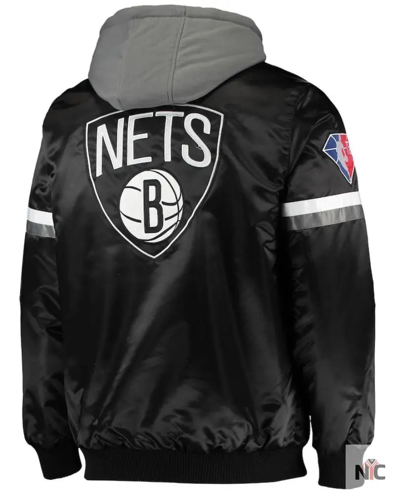 Men’s Brooklyn Nets Starter Black/Gray NBA 75th Anniversary Full-Snap Varsity Hoodie Jacket The Urban Hawk
