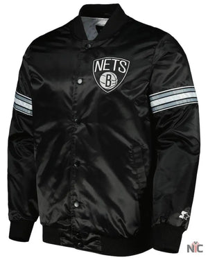 Men’s Brooklyn Nets Starter Black Pick & Roll Satin Full-Snap Varsity Jacket The Urban Hawk