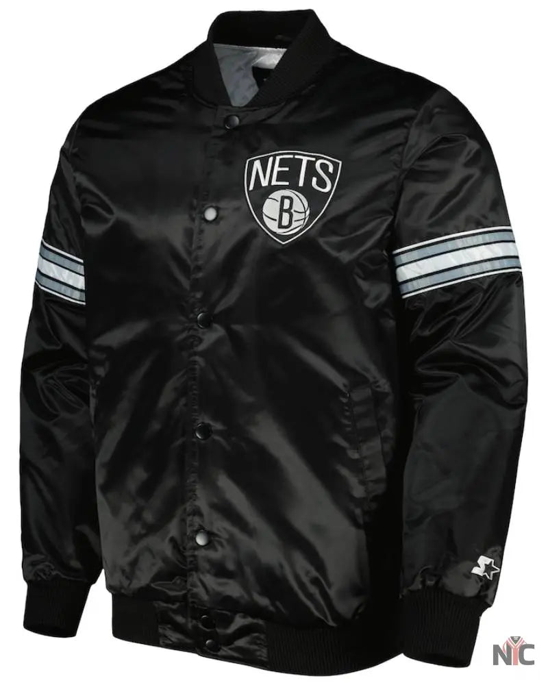 Men’s Brooklyn Nets Starter Black Pick & Roll Satin Full-Snap Varsity Jacket The Urban Hawk