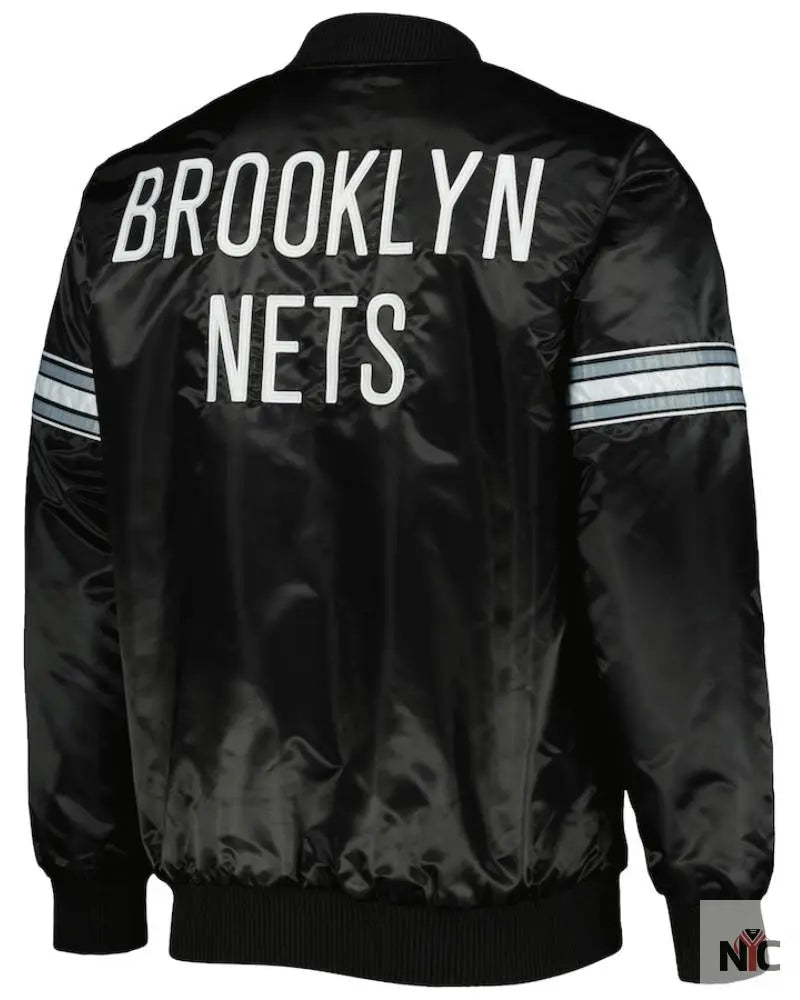 Men’s Brooklyn Nets Starter Black Pick & Roll Satin Full-Snap Varsity Jacket The Urban Hawk