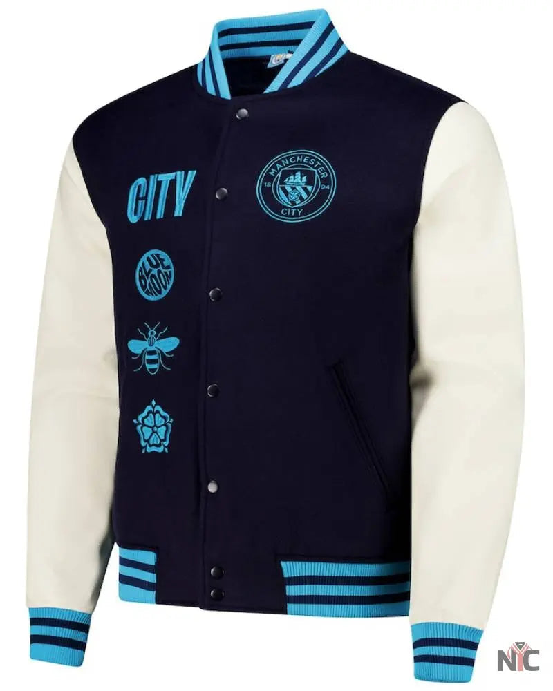Men’s Navy Manchester City Supporter’s Full-Snap Varsity Jacket The Urban Hawk