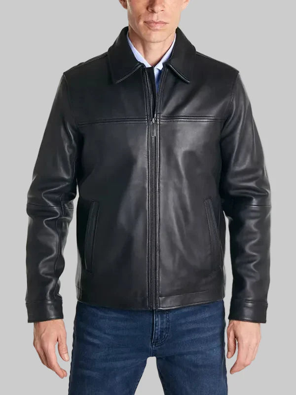 Perry-Ellis-Mens-Classic-Black-Leather-Jacket