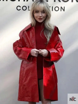 Sabrina Carpenter NYFW Red Leather Coat The Urban Hawk