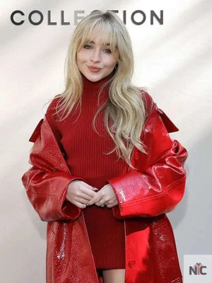 Sabrina Carpenter NYFW Red Leather Coat The Urban Hawk