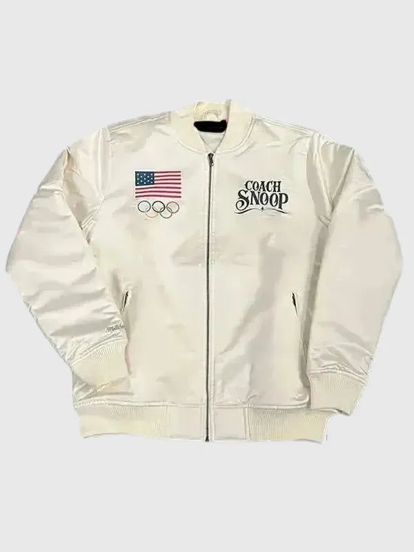 Snoop-Dogg-2026-Olympic-Team-USA-White-Satin-Bomber-Jacket