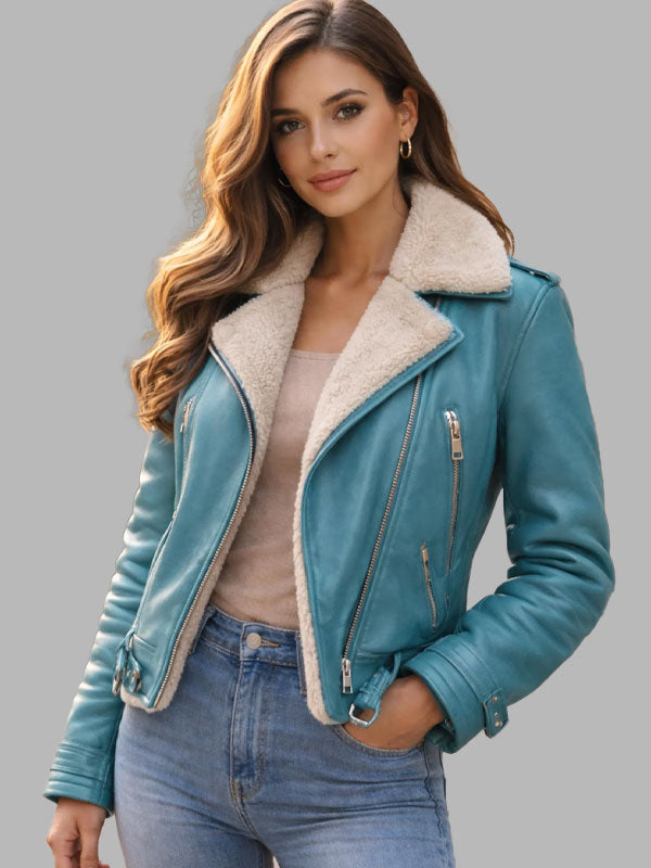 Women’s Blue Leather Bomber Jacket with Faux Fur