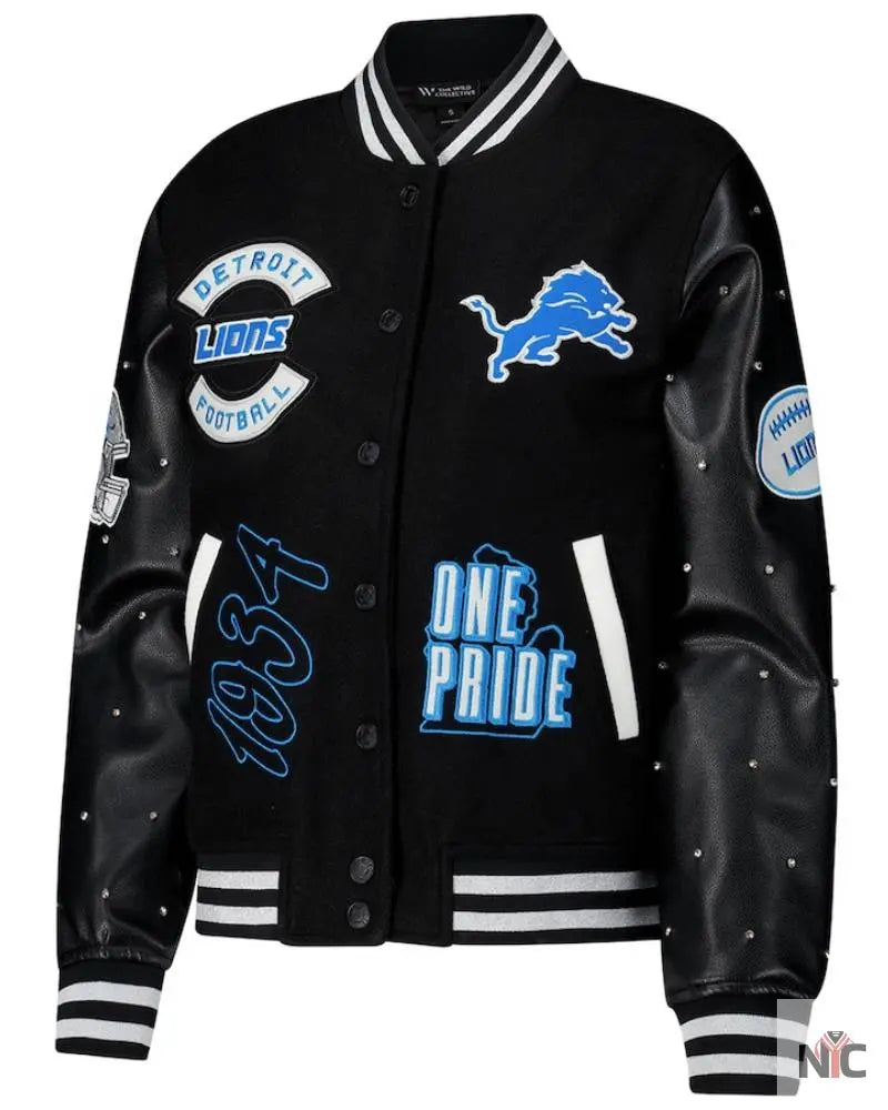 Women’s The Wild Collective Black Detroit Lions Sparkle Full-Snap Varsity Jacket The Urban Hawk