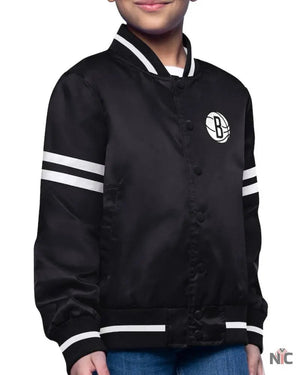 Youth Brooklyn Nets Starter Black Printed Logo Varsity Satin Full-Snap Jacket The Urban Hawk