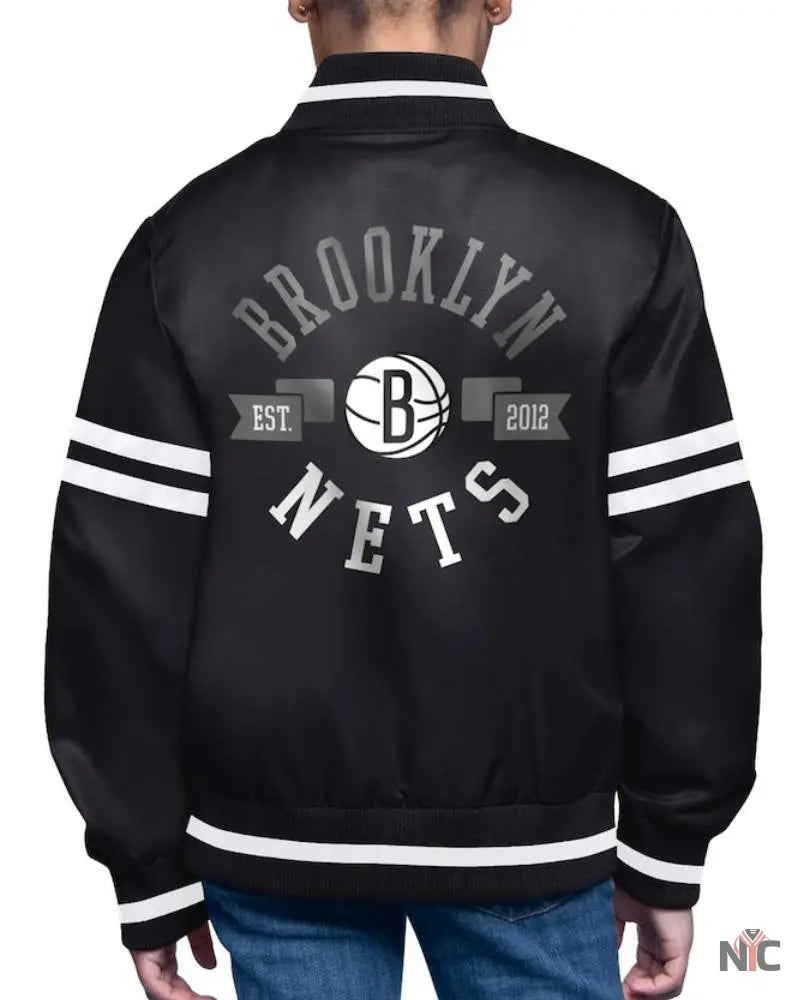 Youth Brooklyn Nets Starter Black Printed Logo Varsity Satin Full-Snap Jacket The Urban Hawk