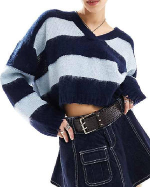 Invasion Olivia-Mai Barrett Blue V-Neck Cropped Sweater USA Jackets
