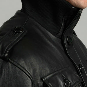 Men’s 4 Pockets Black Leather Bomber Jacket Zing Apparel
