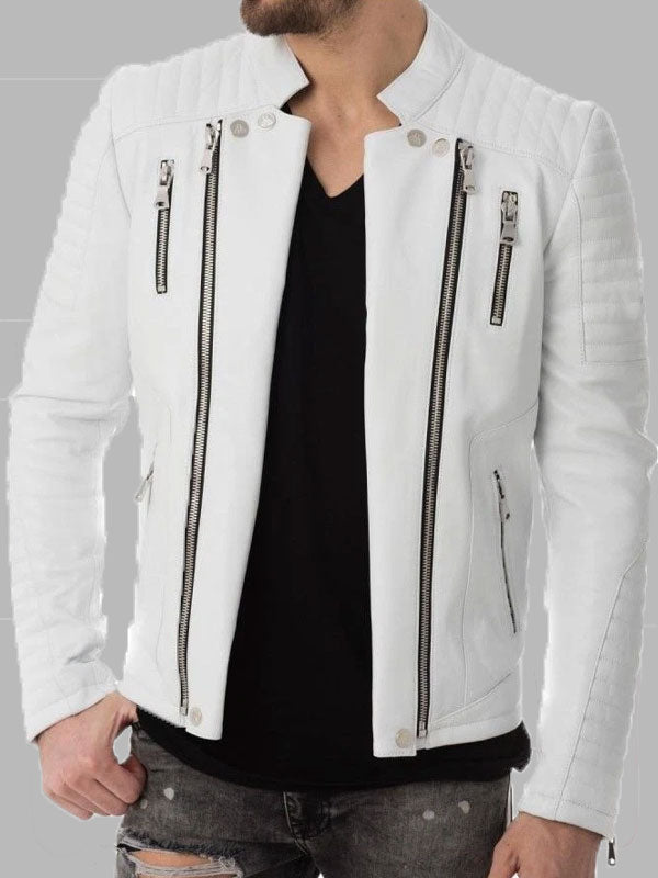 Men's 100% Real Leather Biker Motorcycle White Jacket
